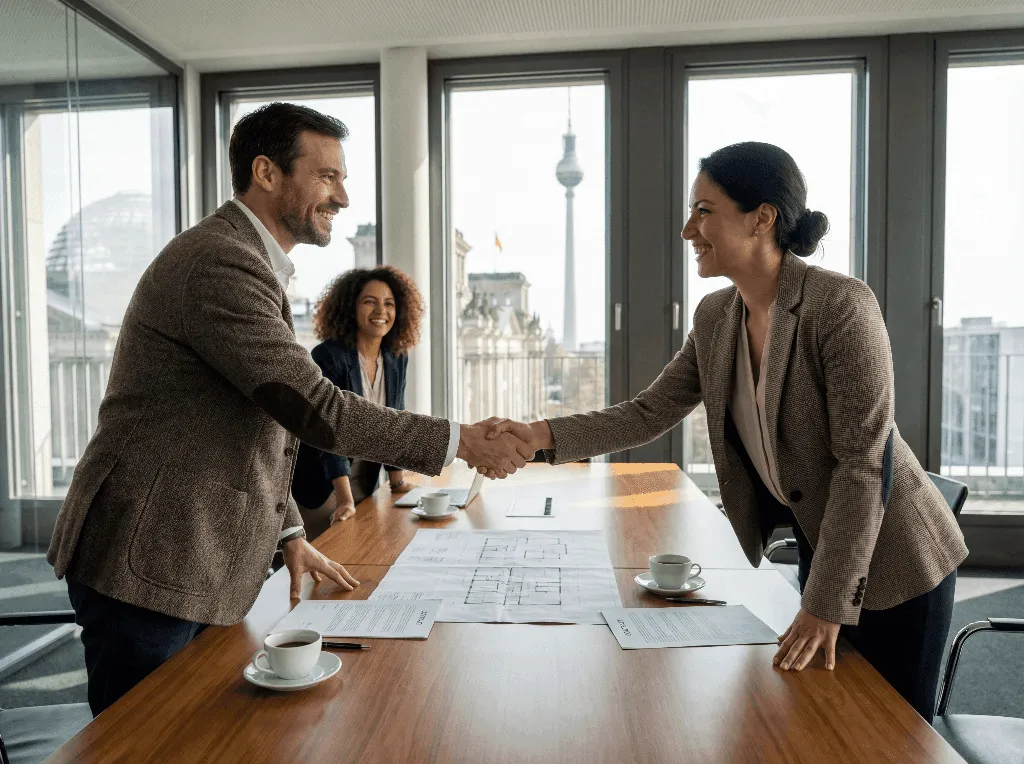 Business professionals shaking hands in a conference room.
