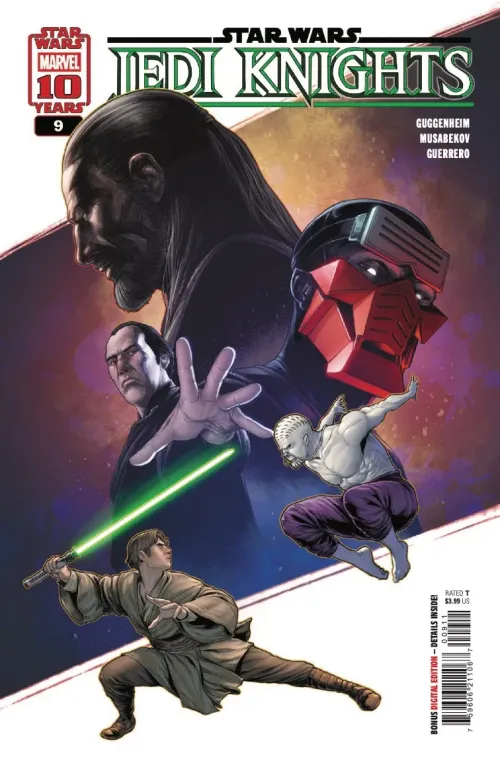 Cover for Star Wars: Jedi Knights #9 featuring Qui-Gon Jinn, Count Dooku, and the assassin Corlis Rath