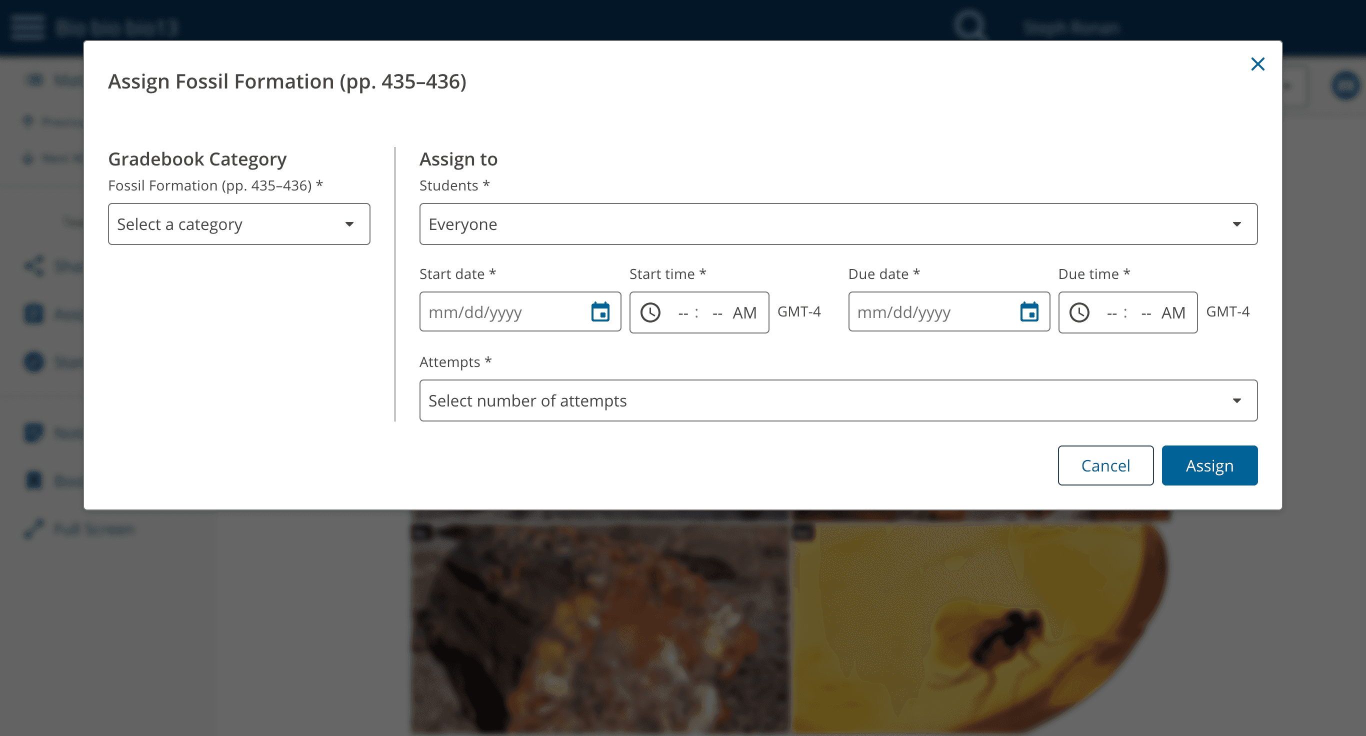 A screenshot of the final design in its intiail state that has gradebook categories on the left, and on the right has a dropdown to assign to every student, a start date and time, a due date and time, and number of attempts