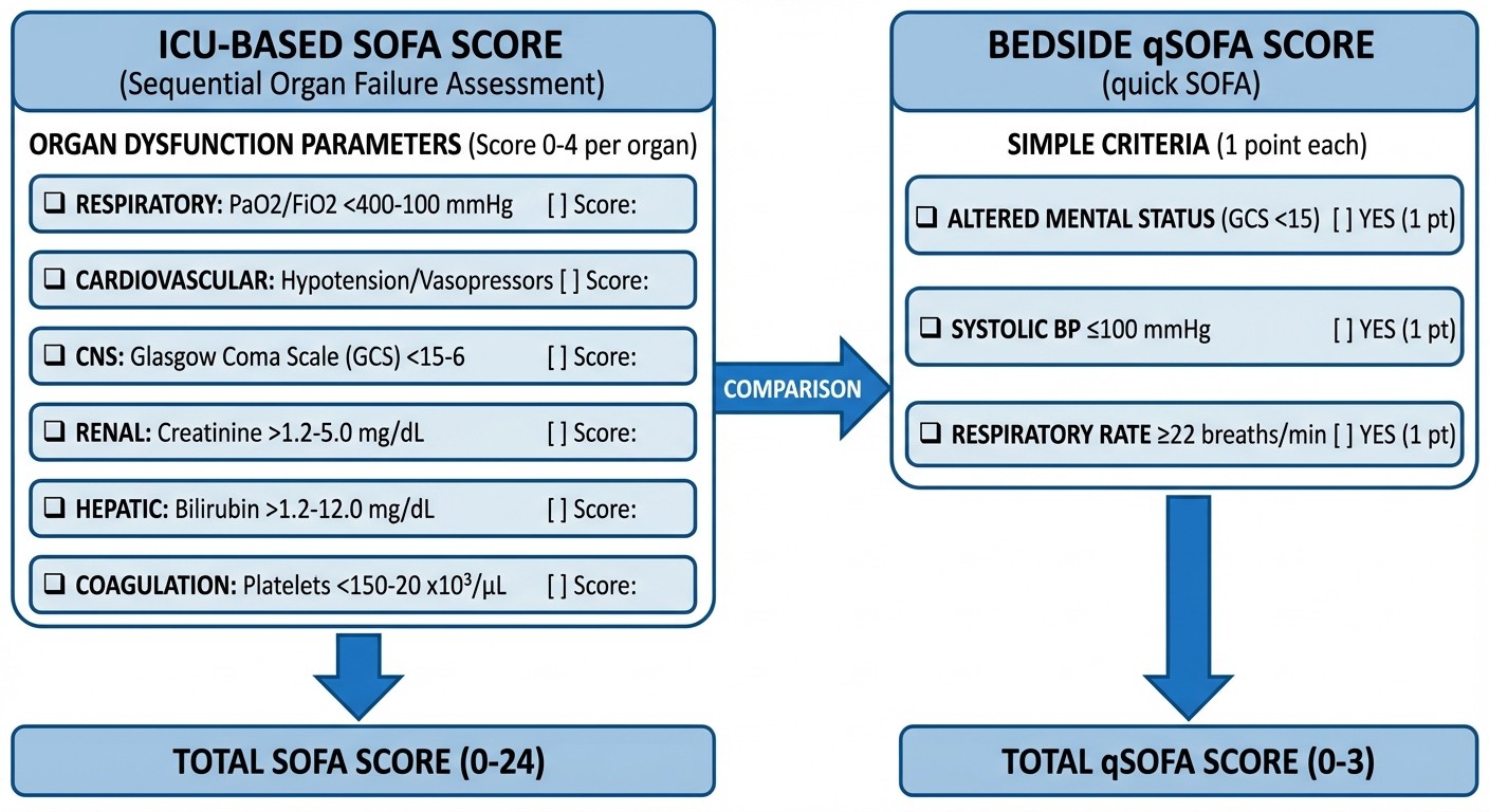 SOFA score vs qSOFA criteria comparison for sepsis diagnosis NEET PG