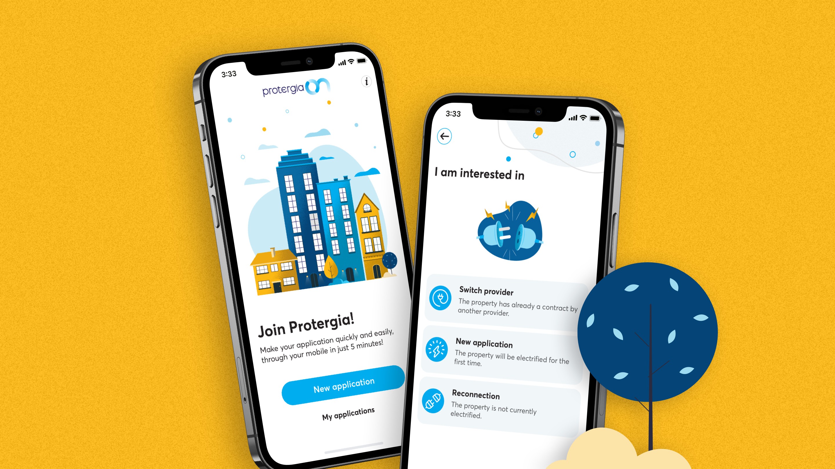 Protergia On mobile app showing start of a new energy service application