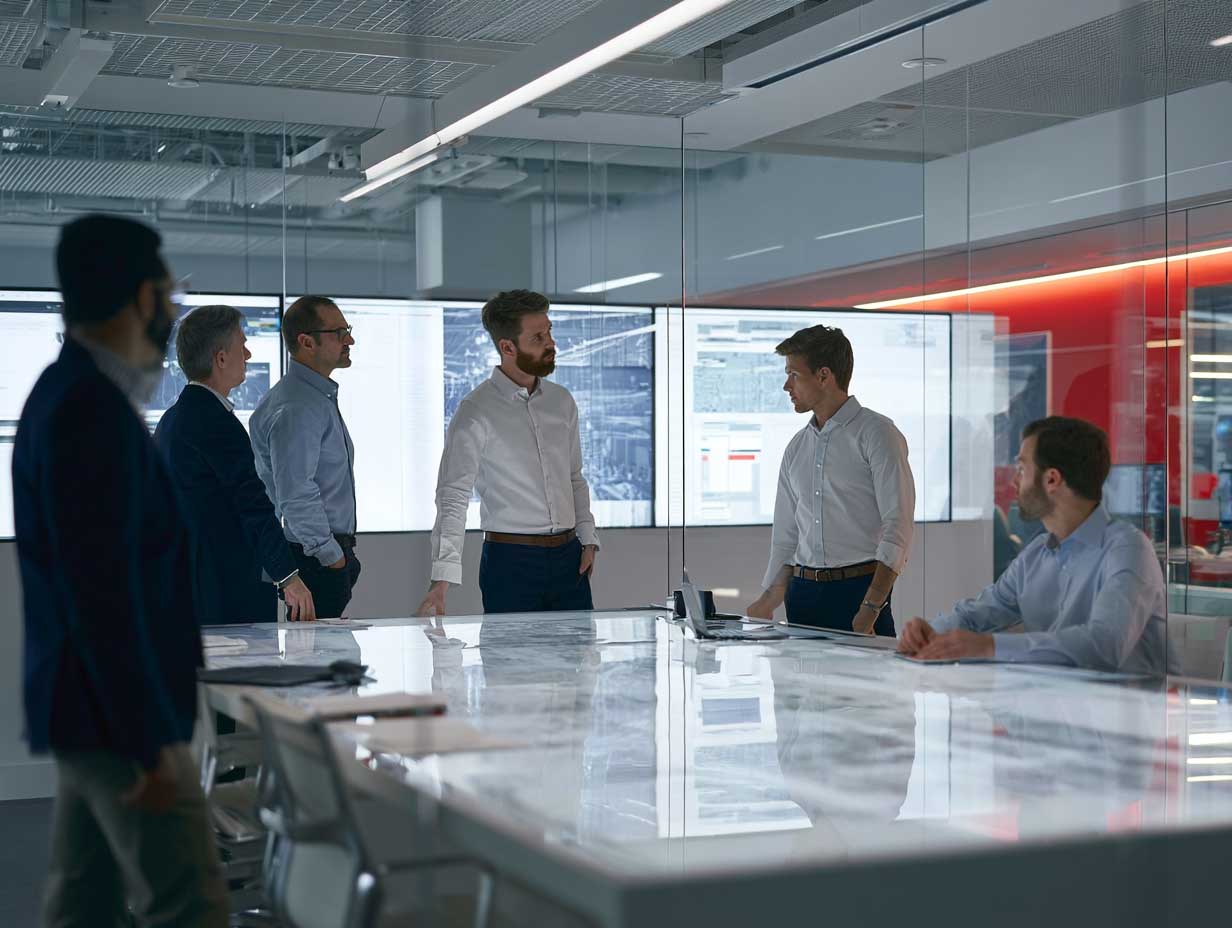 Group of people in an office environment during a workshop showing projector demo lab
