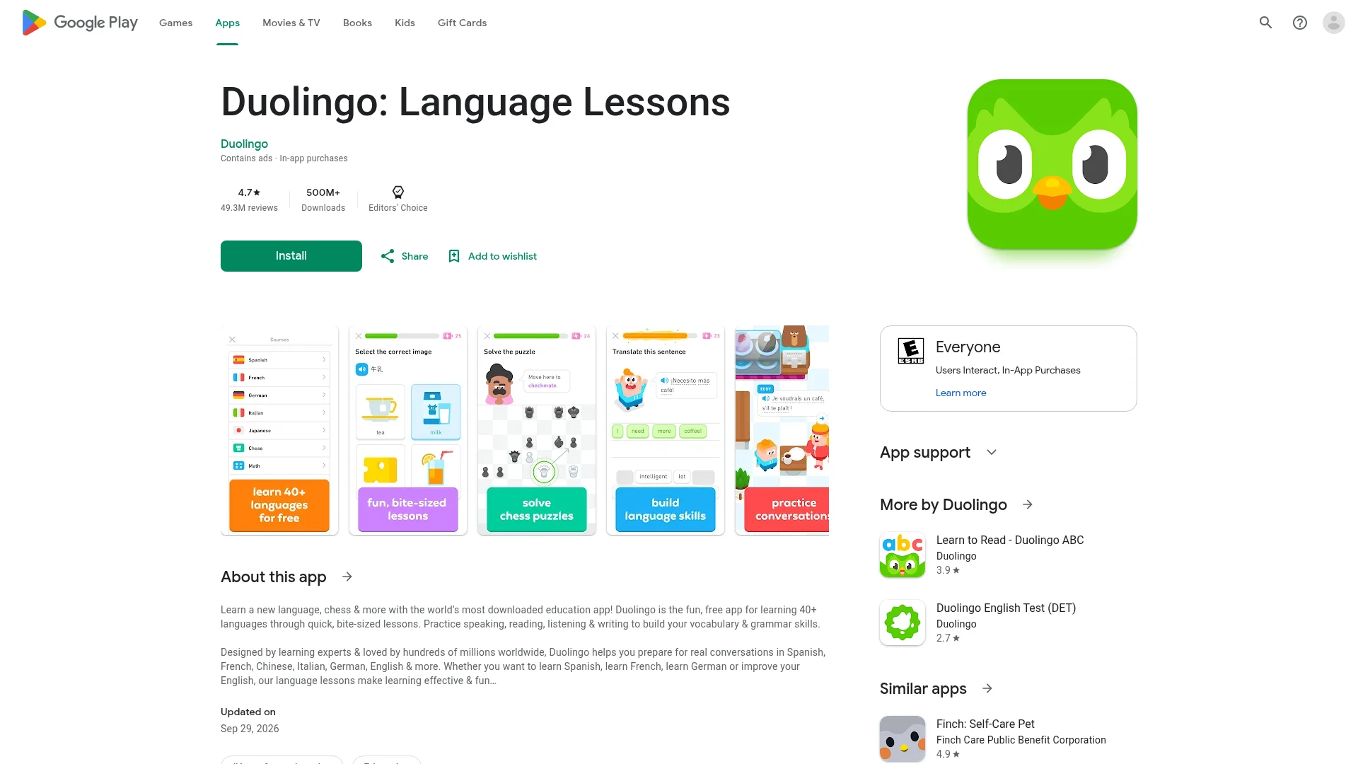 Duolingo's Google Play store listing showing the app icon and a row of captioned phone screenshots