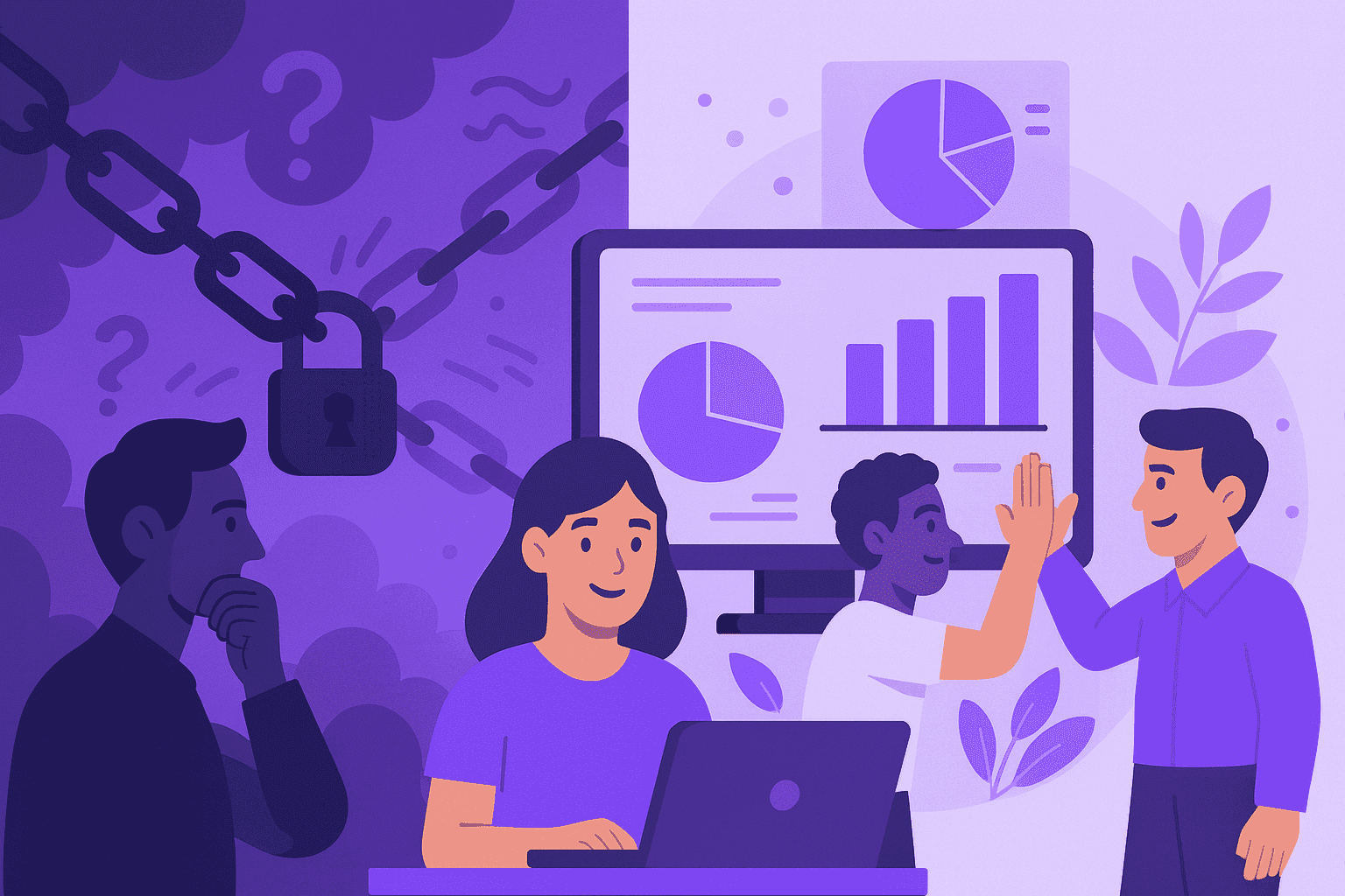 A flat-style digital illustration split into two halves—on the left, dark chains and fog represent misconceptions like micromanagement, while on the right, a bright, collaborative workspace with diverse workers and glowing charts symbolizes clarity, trust, and empowered teamwork.