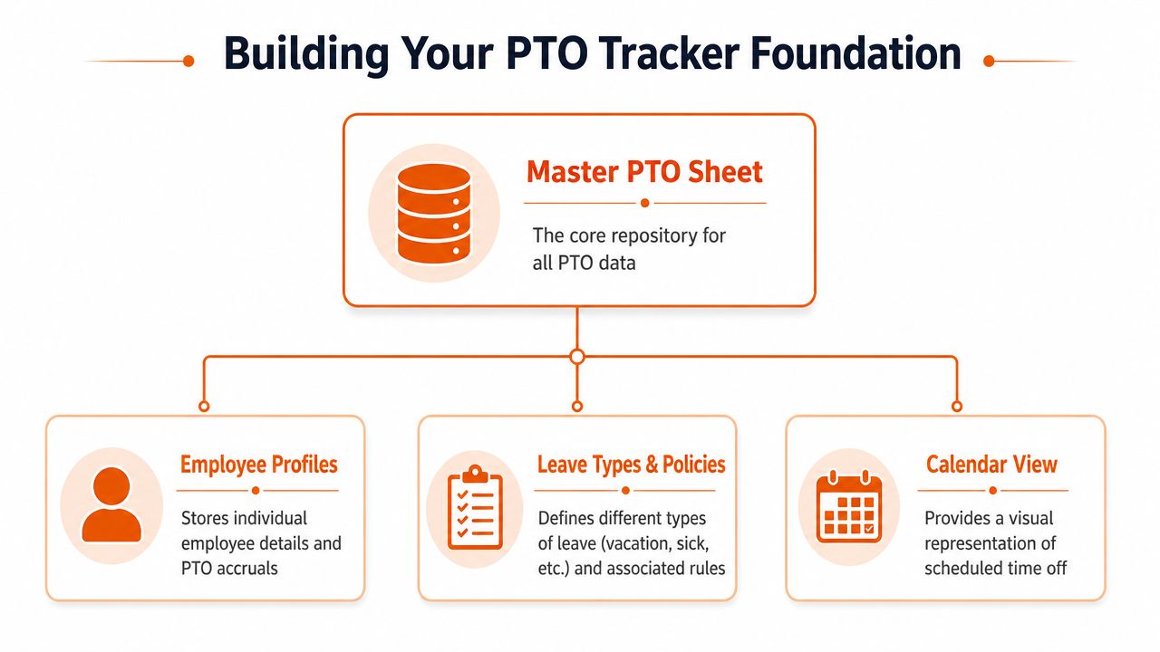 A diagram illustrating the foundational components of a PTO tracker, including the master sheet and key data elements.