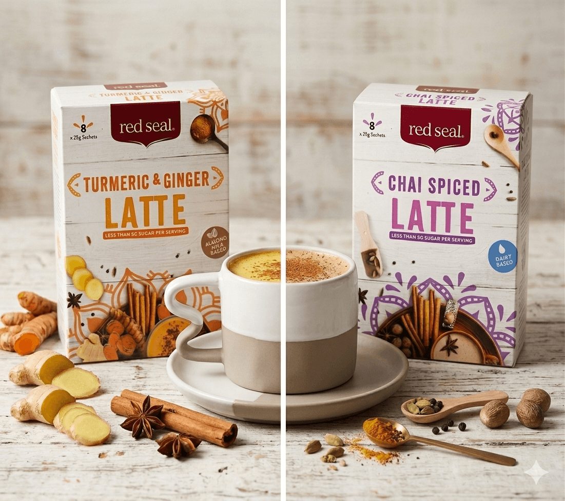 Two latte packaging boxes with a latte mug and spices around