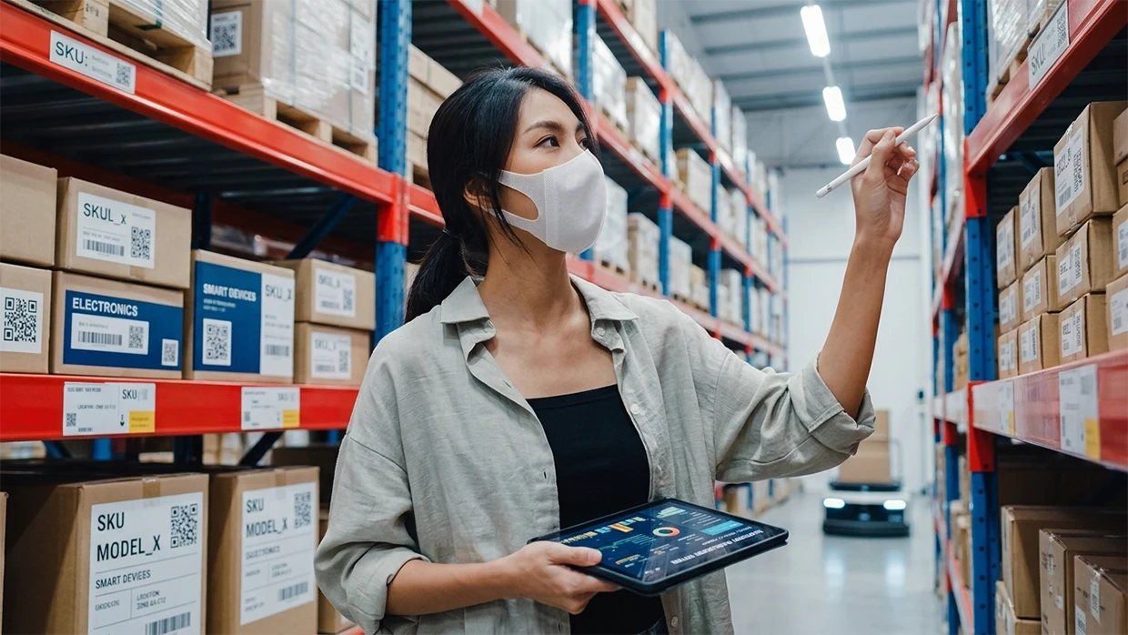 A female merchandiser working in a warehouse, holding an iPad.
