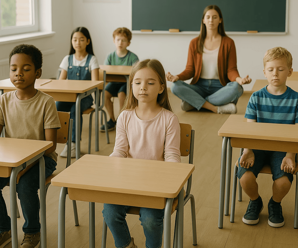Kinderen aan het mediteren onder begeleiding van een leerkracht