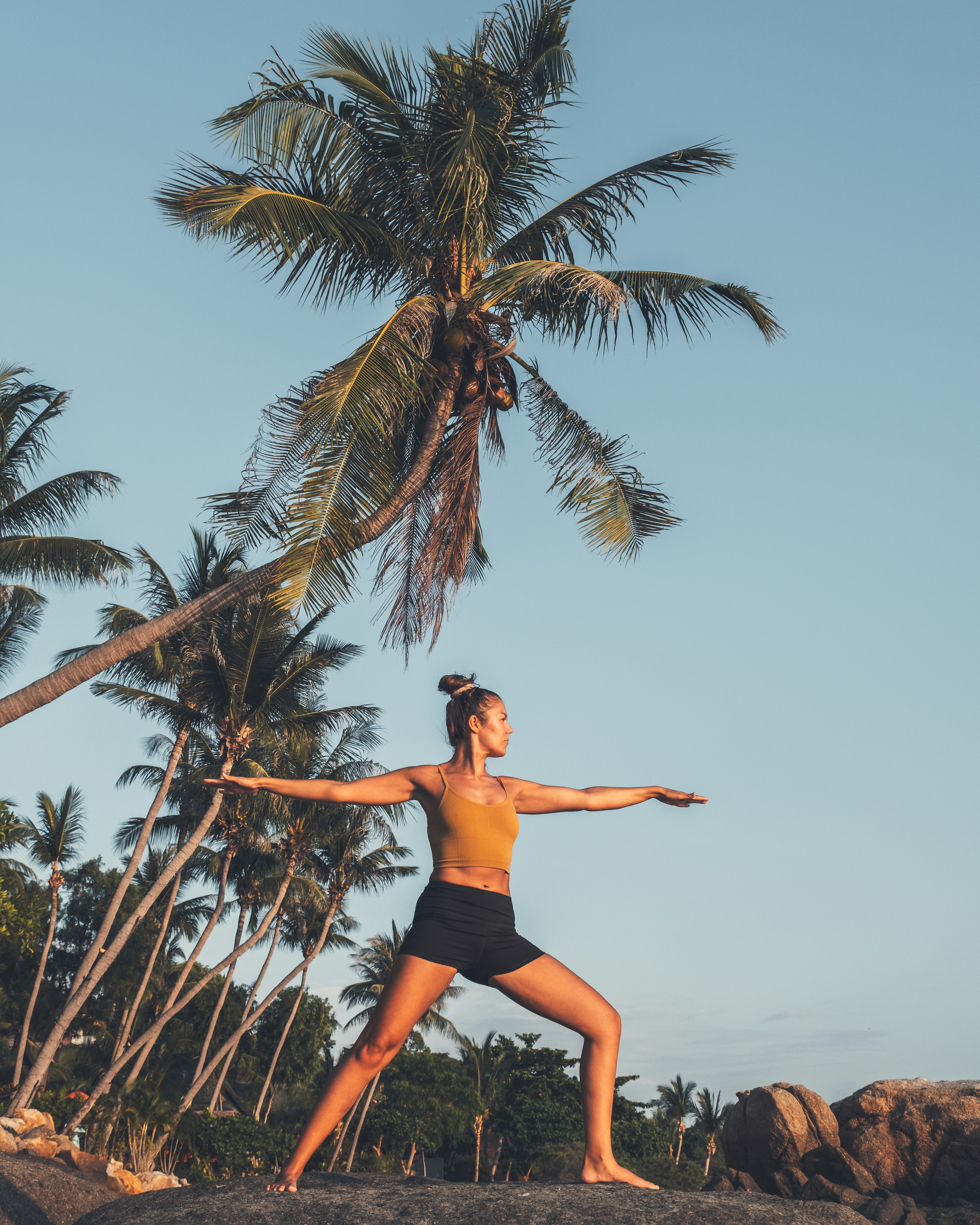Person practicing a yoga pose outdoors near palm trees and coastal rocks.