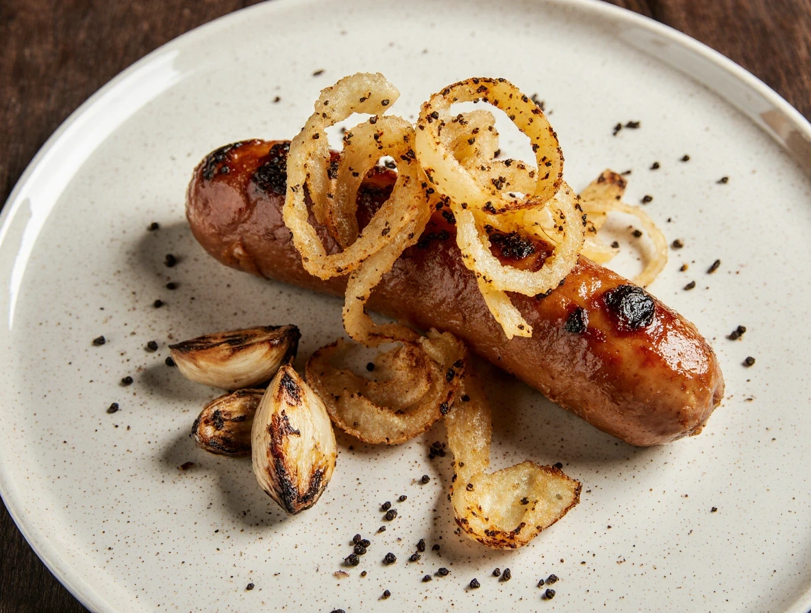 Na talerzu kiełbasa z cebulą.