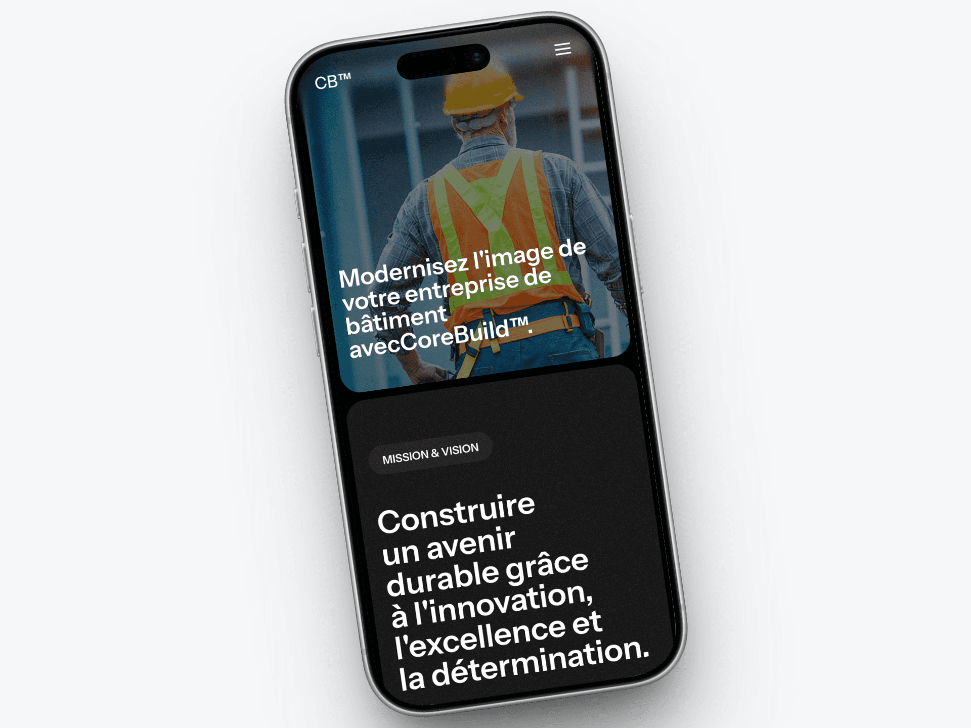 Maquette mobile site BTP CoreBuild par Weby Studio. Design pro avec ouvrier du bâtiment pour rassurer les clients.