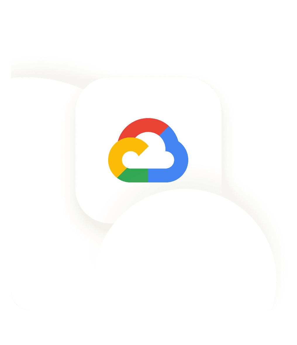 Stylized cloud logo with red, blue, yellow, and green sections on a light background, representing Google Cloud. The design is sleek and modern.