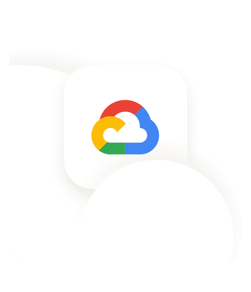 Stylized cloud logo with red, blue, yellow, and green sections on a light background, representing Google Cloud. The design is sleek and modern.