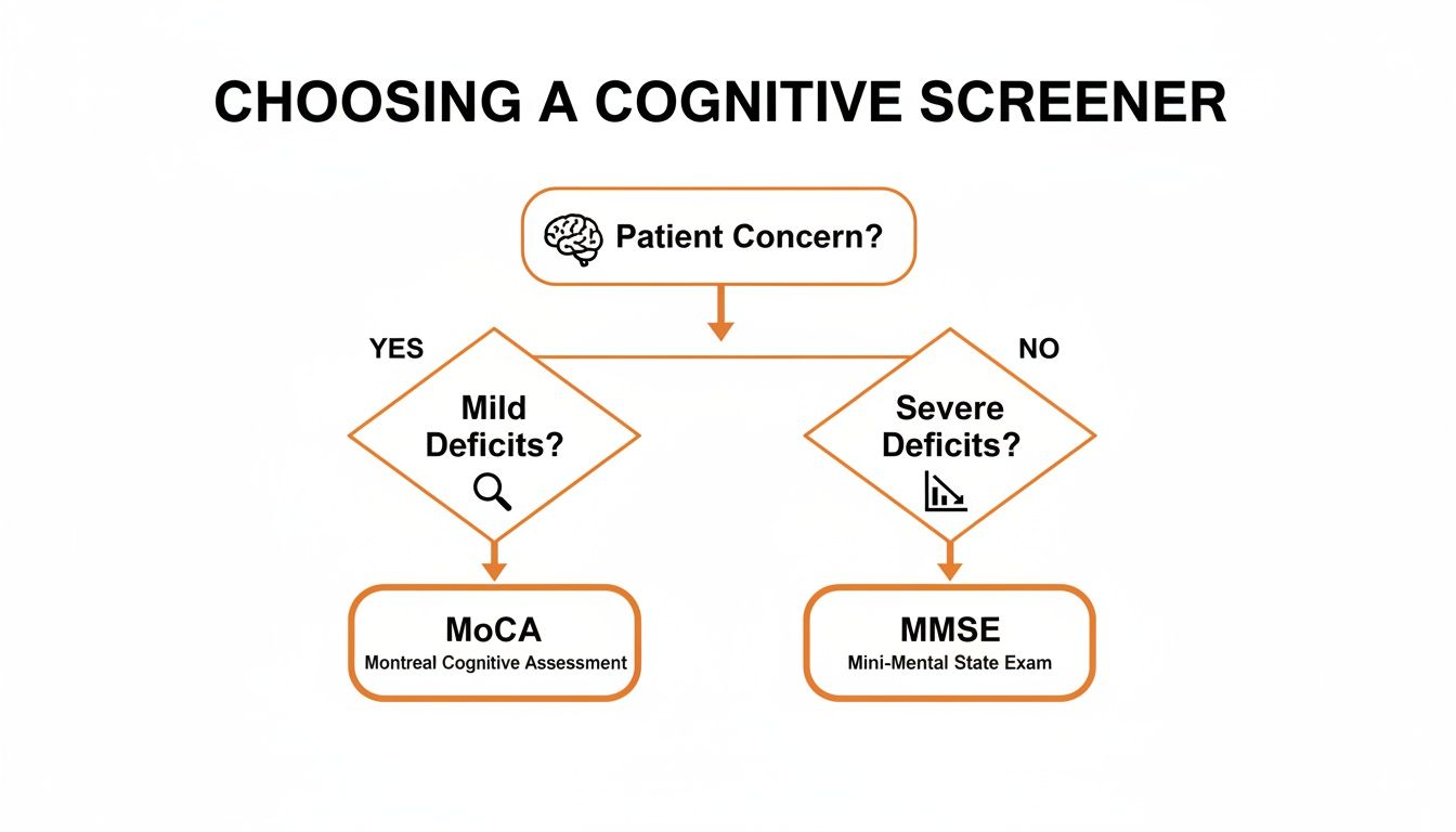 Flowchart guiding the choice between MoCA and MMSE based on patient concern and cognitive deficit severity.