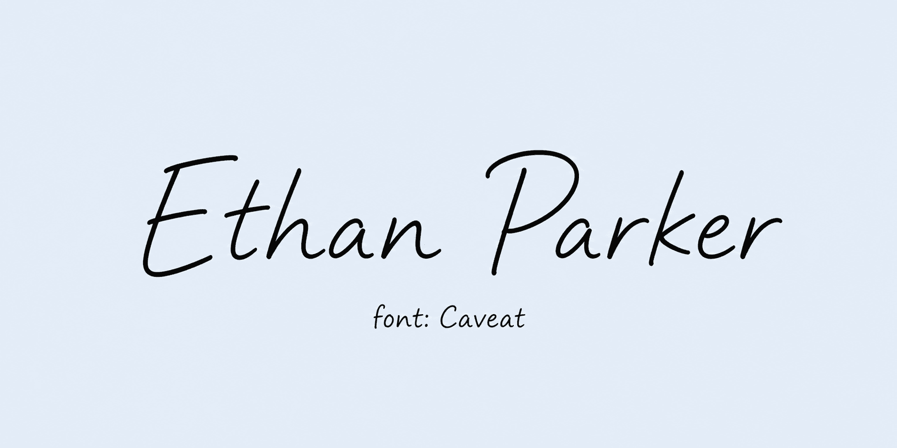 Sample name signed in a cursive signature font on a light background, with the font name labeled below.