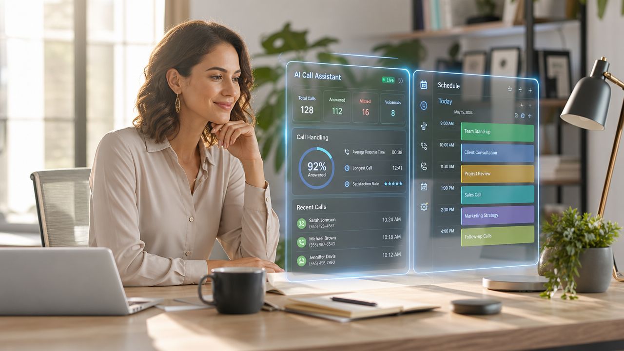 A professional woman interacting with a futuristic holographic dashboard displaying AI call assistant metrics and daily schedules.