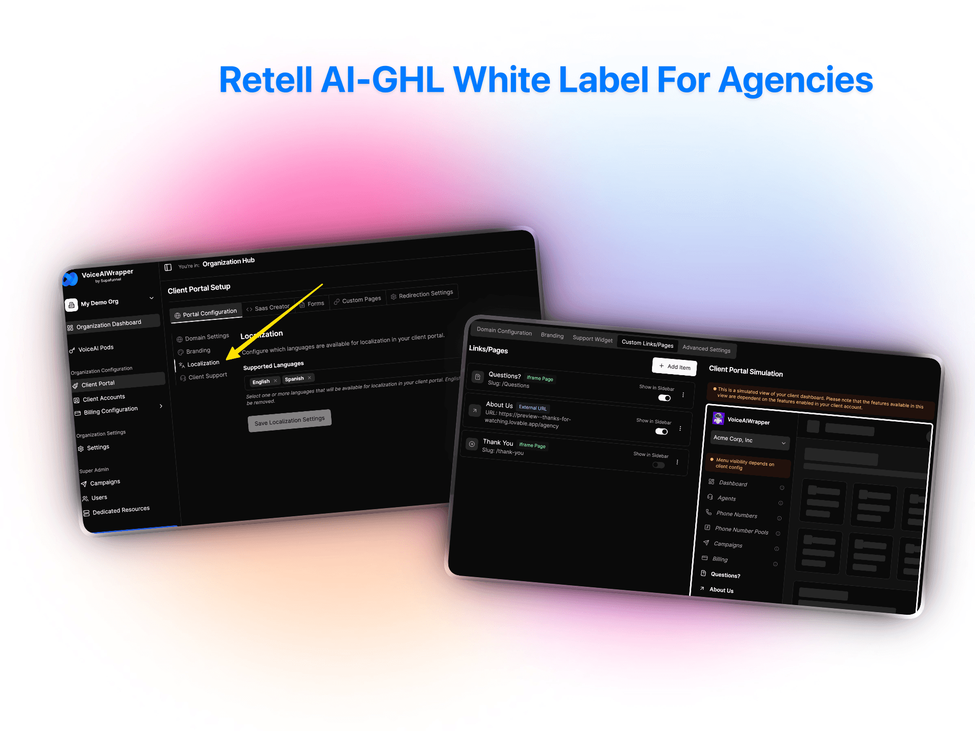 Retell AI-GHL white label platform for agencies showing client portal customization with localization settings and branding configuration options | VoiceAIWrapper