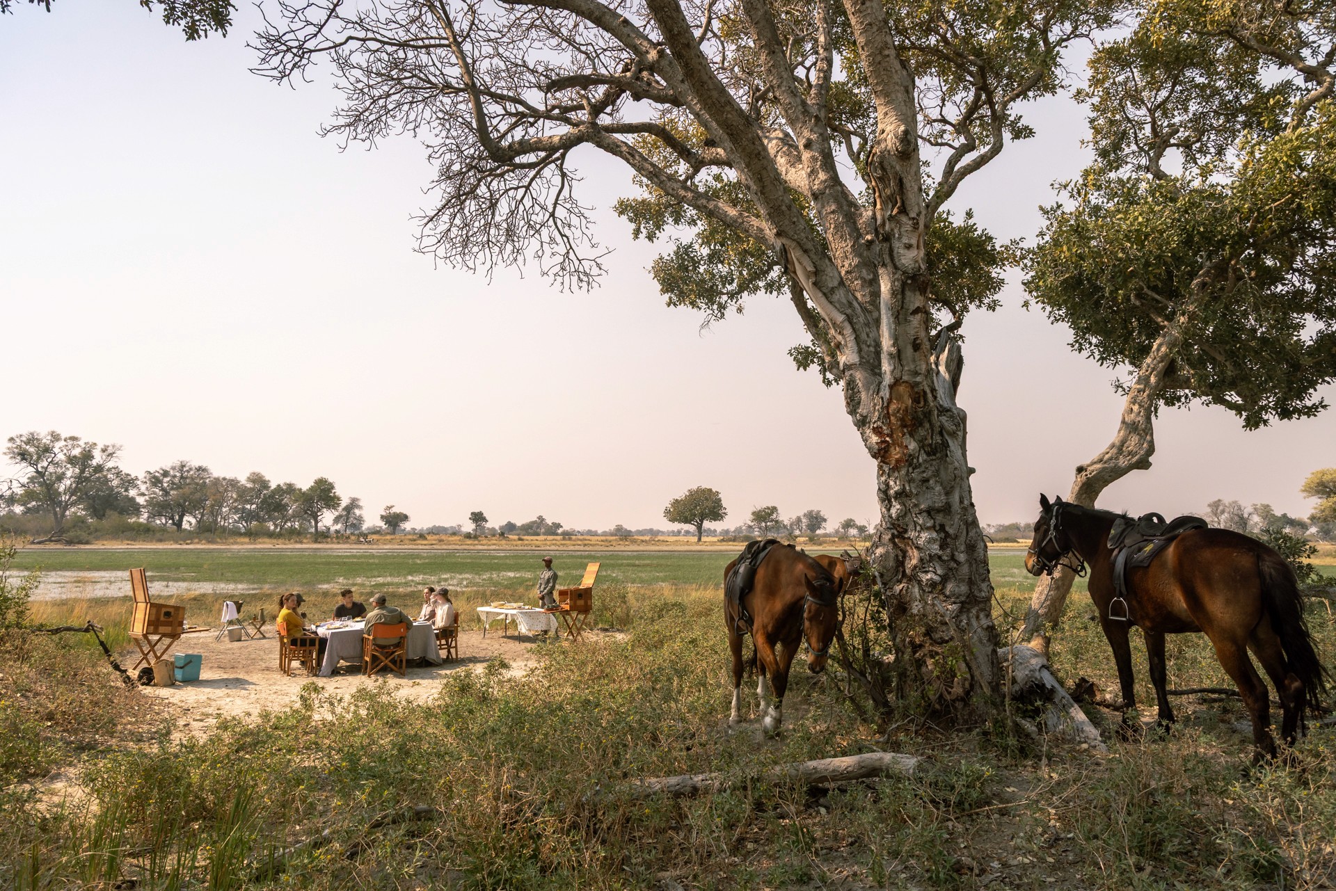Kujwana Delta Ride, Okavango Delta, Botswana. Tre personer på ridsemester med uppdukat bord och hästar i förgrunden.
