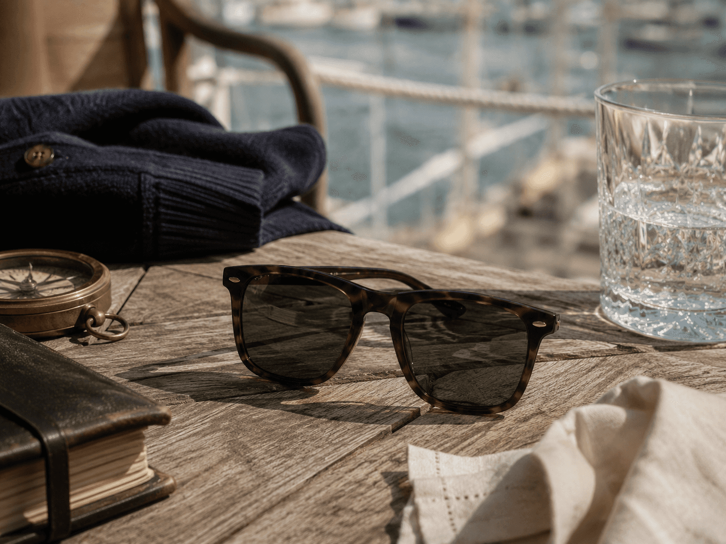Close-up of men's tortoiseshell wayfarer-style sunglasses with dark green lenses on a weathered wooden table. The nautical lifestyle scene includes a vintage brass compass, a leather-bound journal, a folded navy blue cardigan sweater, and a crystal water glass, with a blurred marina harbor background.