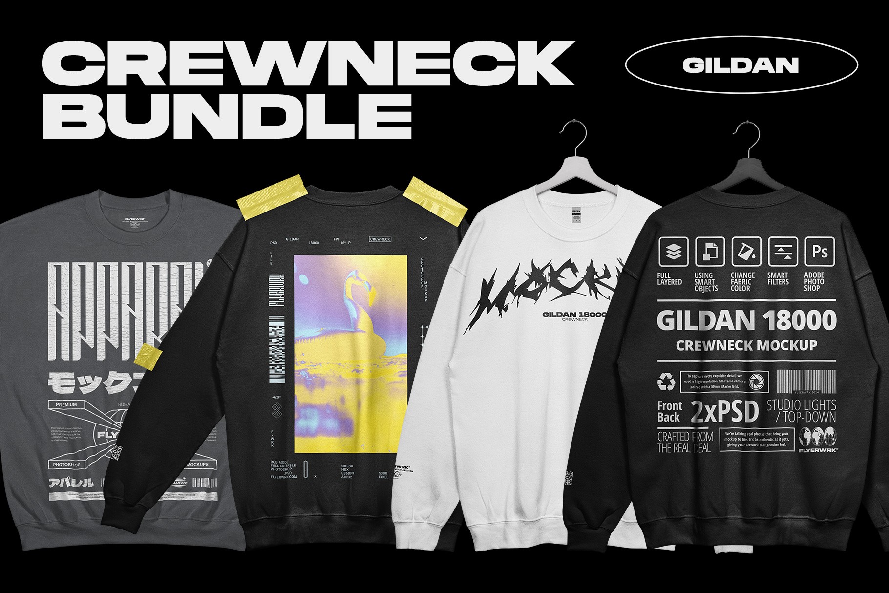Gildan 18000 Crewneck Mockup bundle preview showing multiple apparel design examples