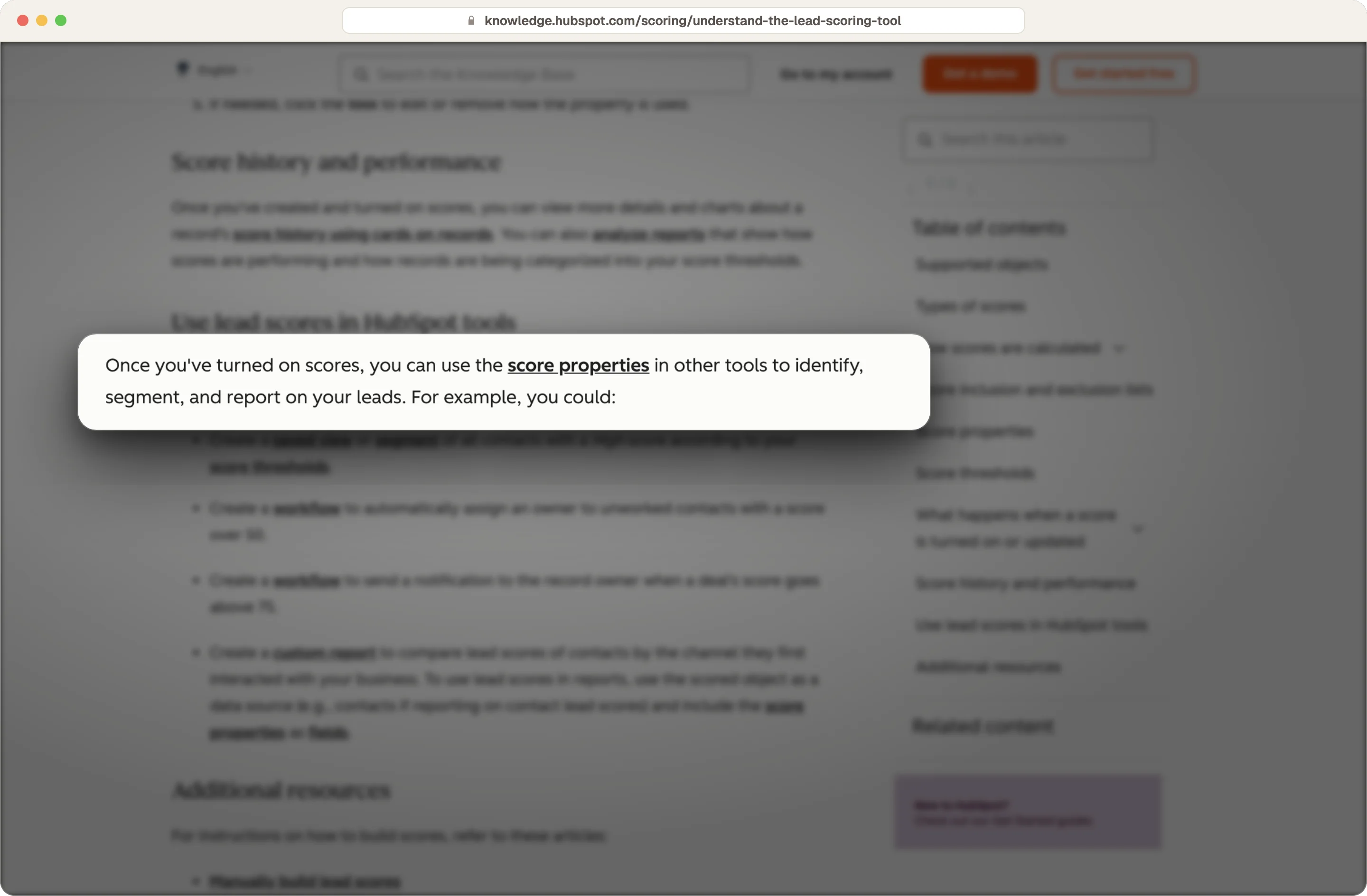 HubSpot knowledge base stating lead score properties can be used in other tools to segment and report