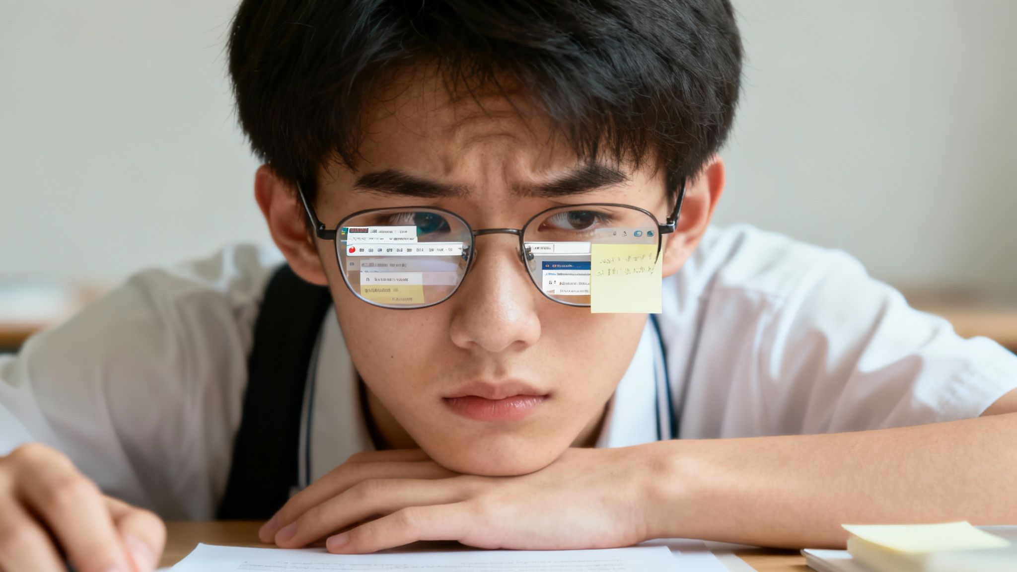 A student looking stressed while sitting at a desk with an open book and laptop.
