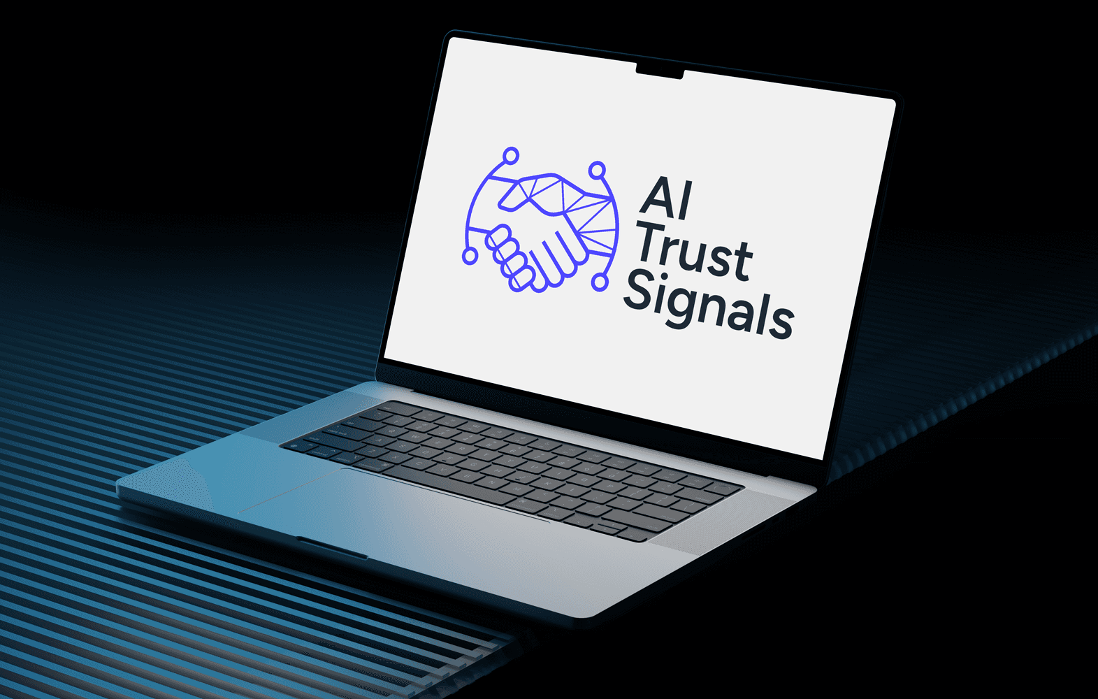 AI Trust Signals logo on a laptop screen, depicting a handshake formed by digital lines.