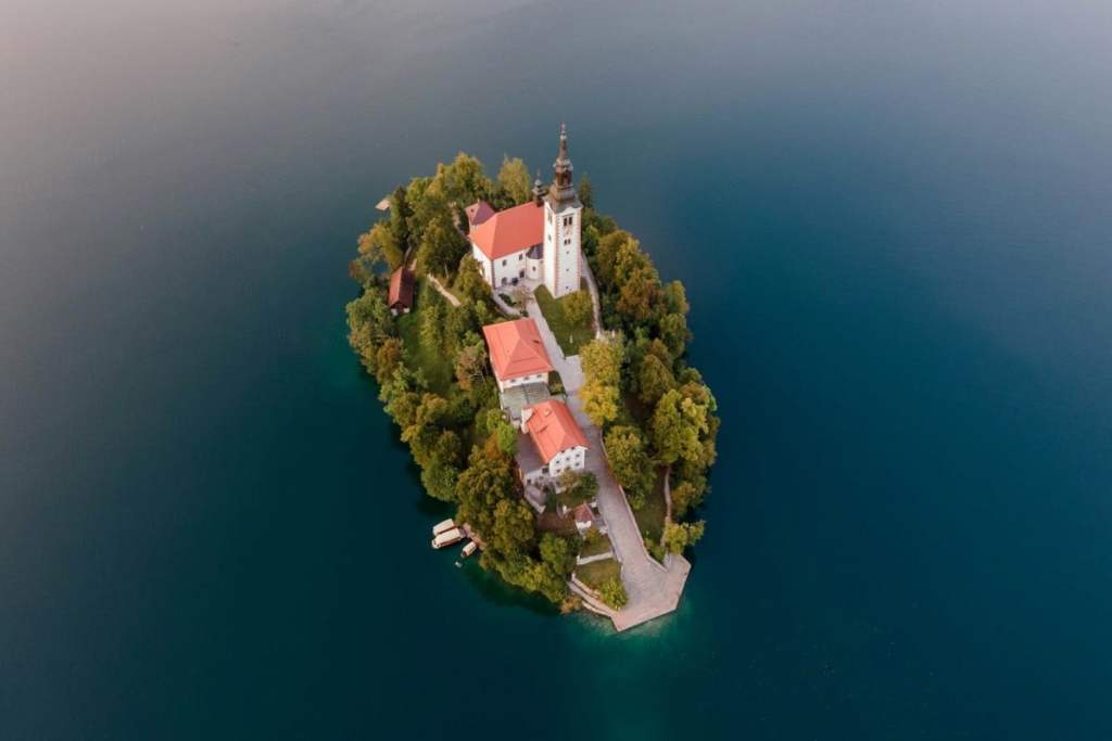 aerial view of bled church