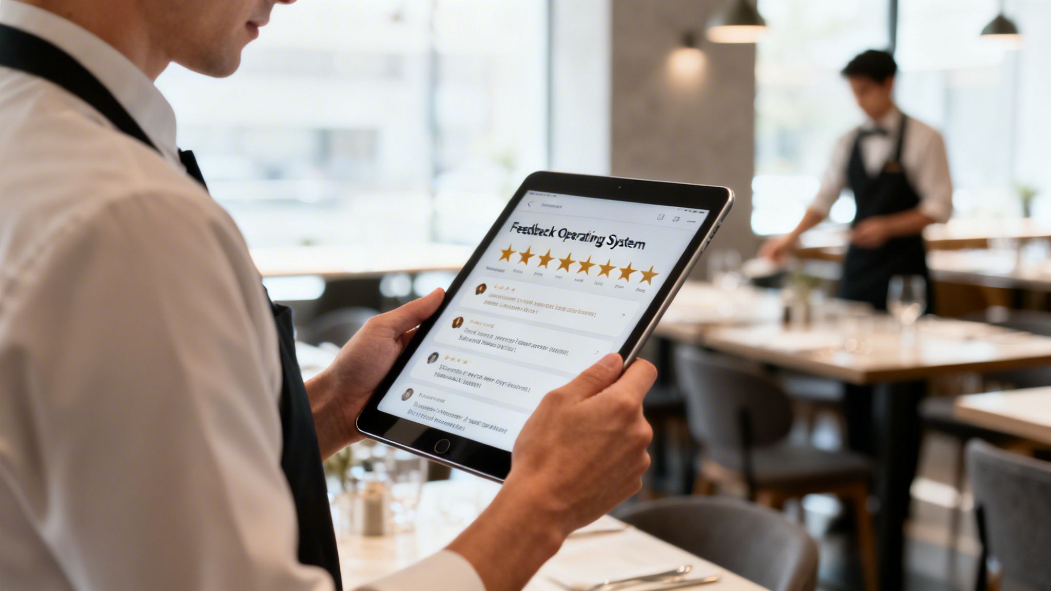 A waiter holds a tablet displaying a restaurant feedback system with star ratings and customer reviews.