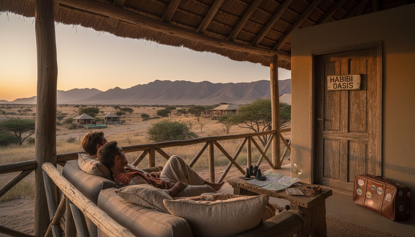 Luxury safari lodge guests on veranda at sunset