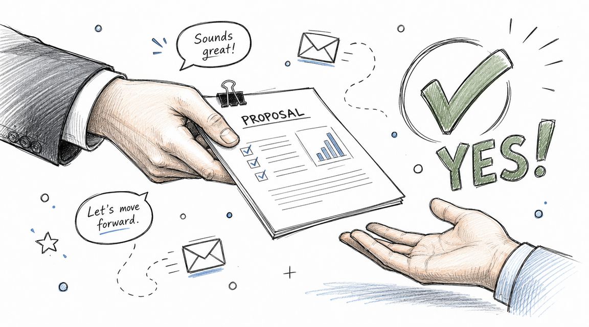 A hand handing over a business proposal to another person with a large green checkmark indicating approval.