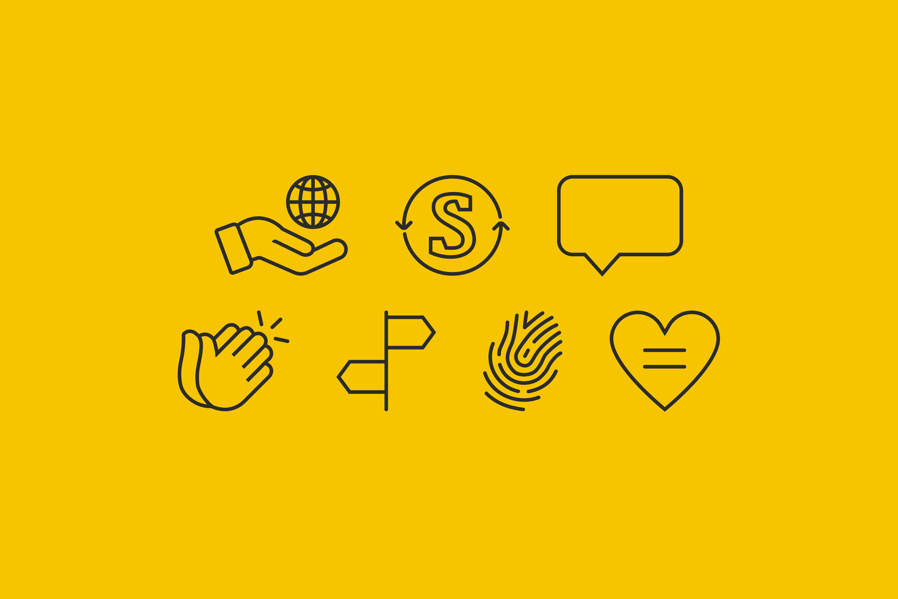 Icons: hand with globe, dollar sign, chat bubble, clap, signs, fingerprint, heart