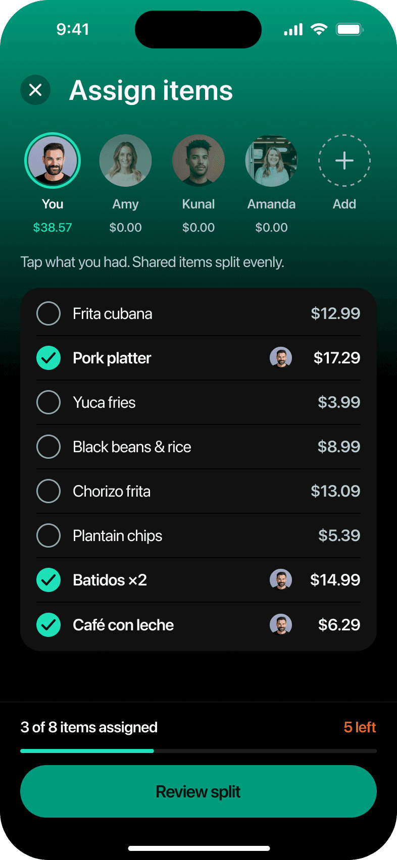 Assign items, You selected, 3 taps in