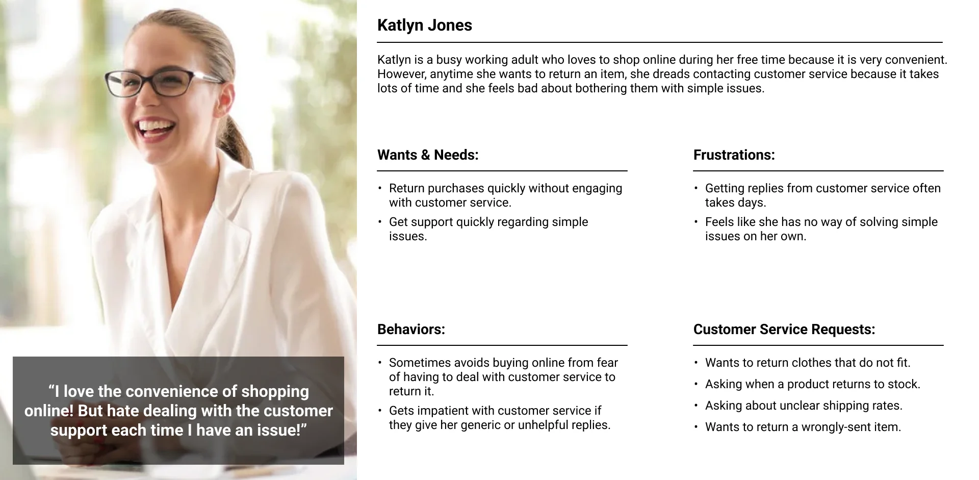 Project persona. Featuring a busy working woman who struggles with online purchase returns due to issues with customer support.