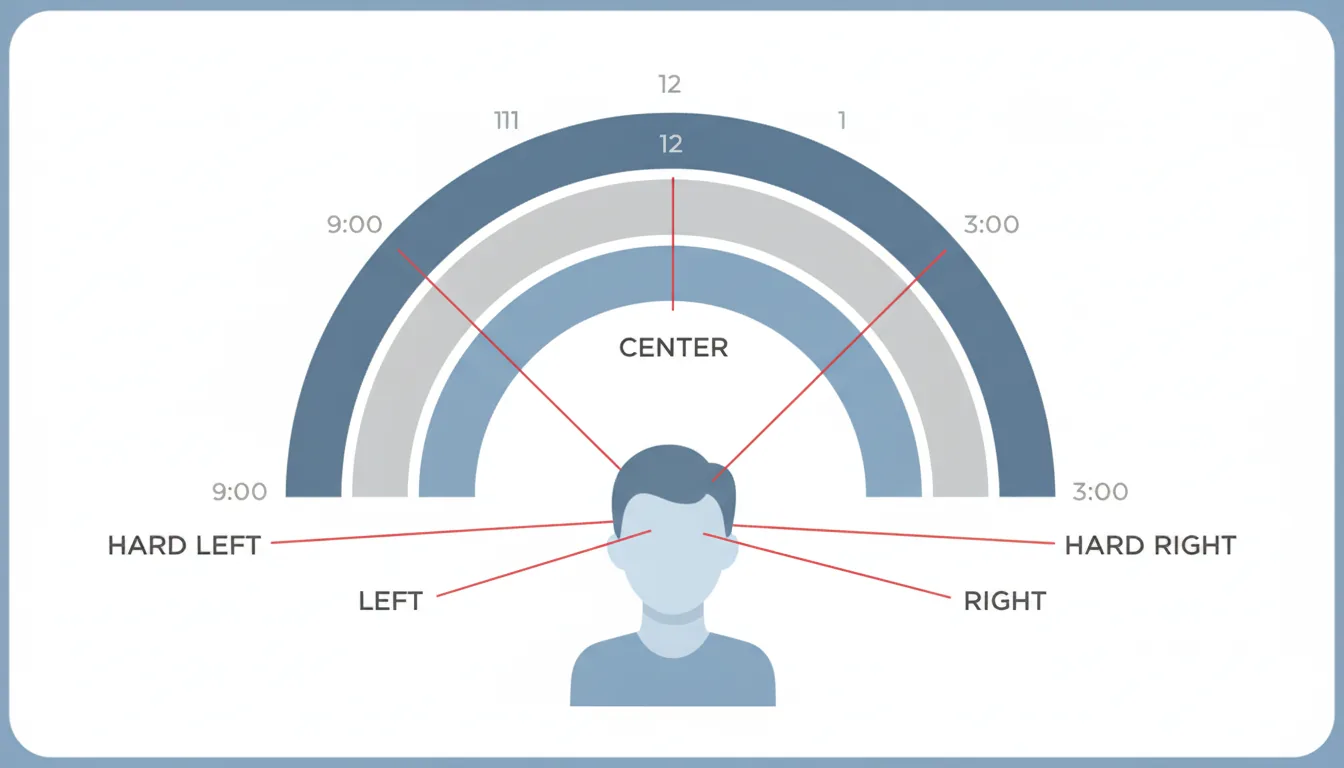 A minimalist infographic diagram illustrating stereo audio panning, top-down view. A stylized illustration of a person's head and shoulders is at the bottom center. In front of the person are three concentric semi-circular bands in muted blue and light grey, representing the stereo sound field. The arcs are marked with placeholder clock-face numbers from 9:00 to 3:00. Thin red lines radiate from the center, pointing to different positions on the arcs, each with corresponding abstracted placeholder text labels. Clean vector art style, flat design, on a white background with a subtle blue rounded frame.