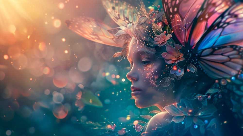 A serene fantasy portrait of a person with a butterfly wing and flower headdress