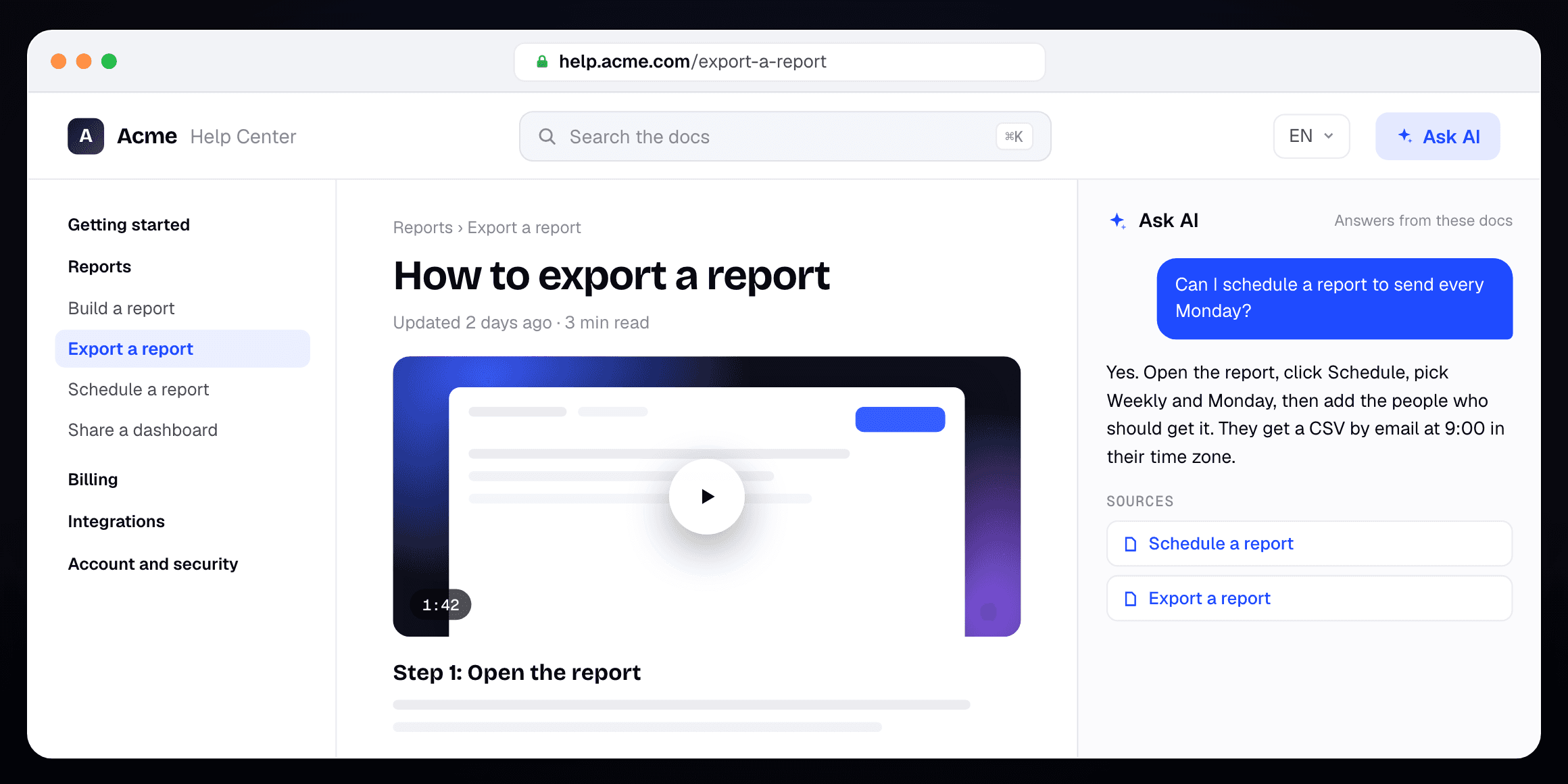 Illustration from clevera.ai: a help center article with its how-to video, and Ask AI answering a reader with the pages it used