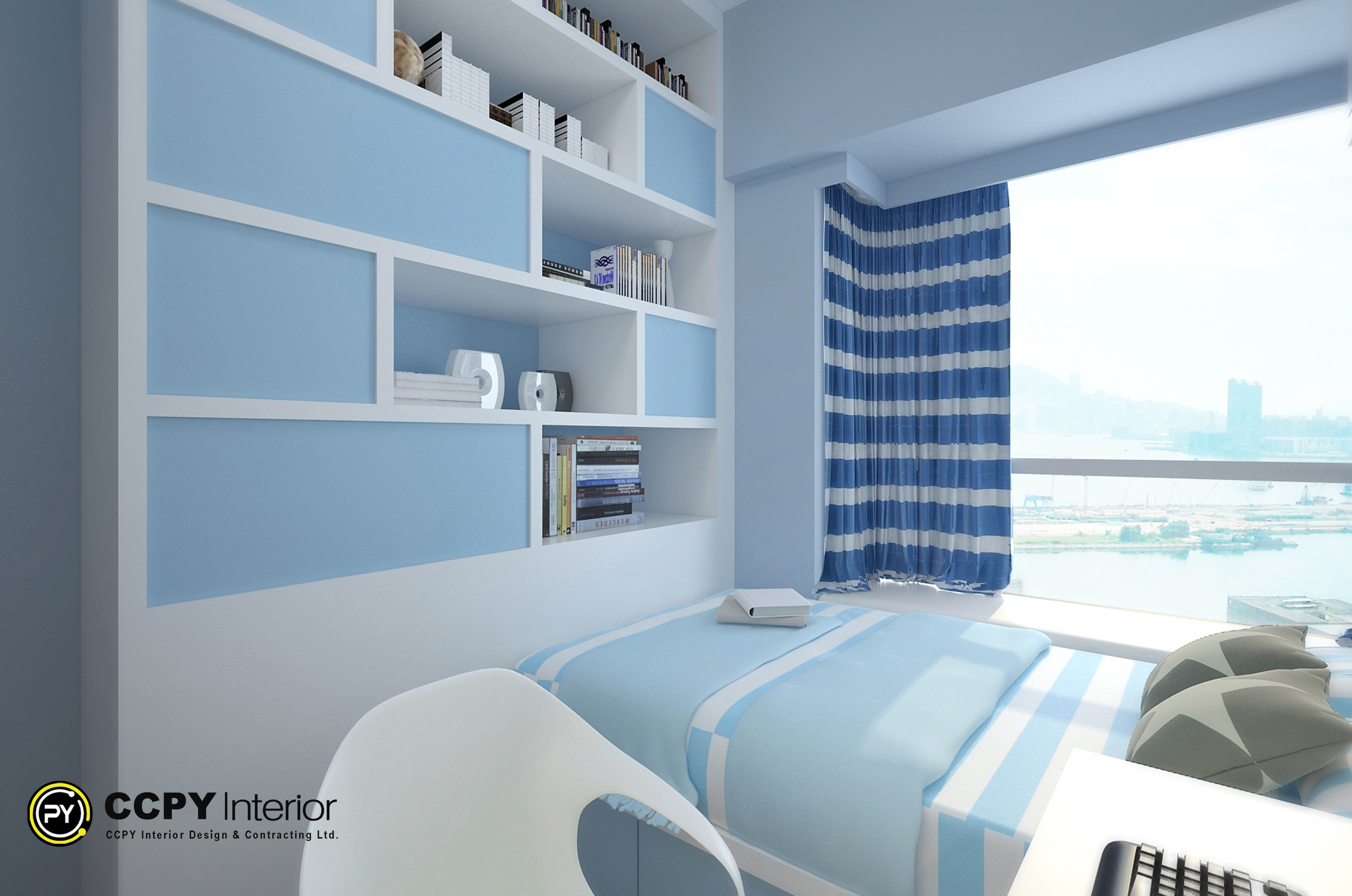 Geometric wall niches and striped window treatments maximize light and visual depth in Castello Block3.