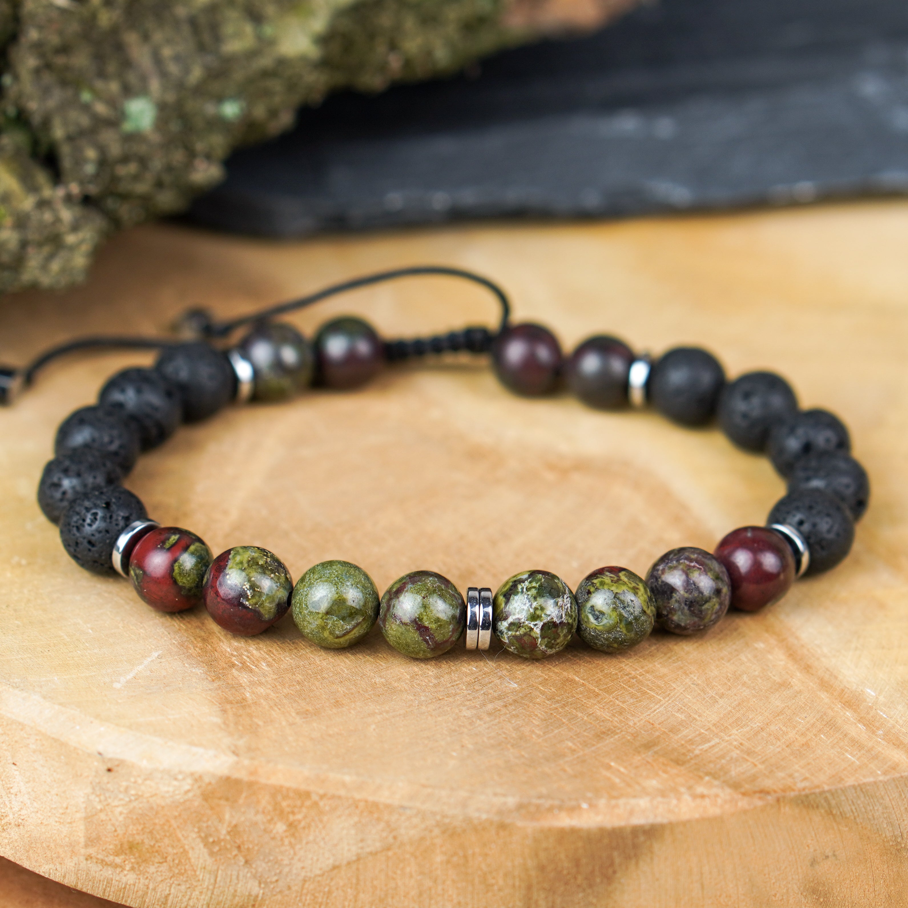 Bransoletka męska z naturalnych kamieni – jaspis dragonblood, lawa wulkaniczna i hematyt w serii AXIS
