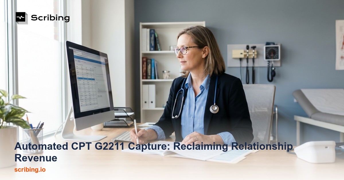 Primary care clinic setting with digital tools illustrating automated CPT G2211 billing capture and revenue recovery for physician practices