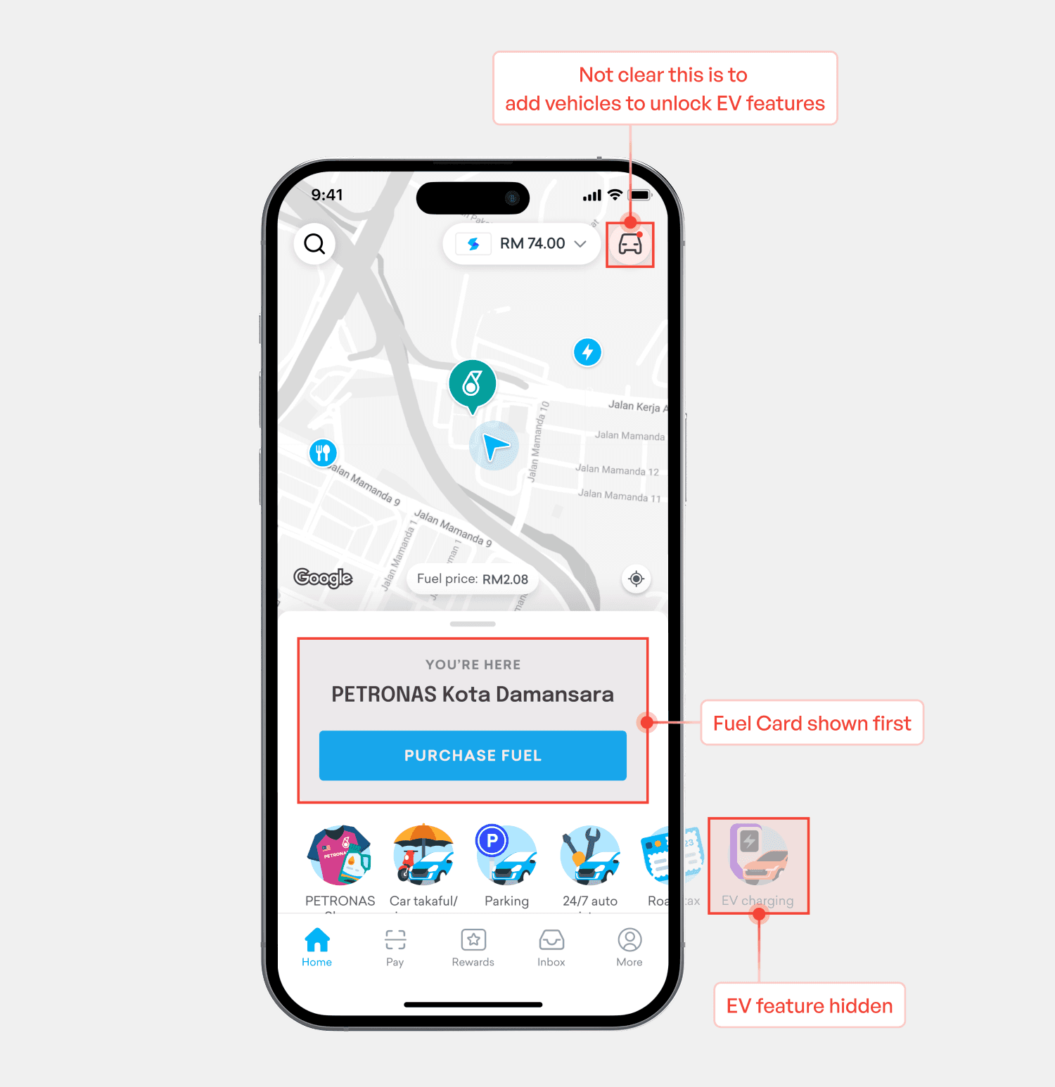 Setel's old homepage showcasing how inaccessible EV features are