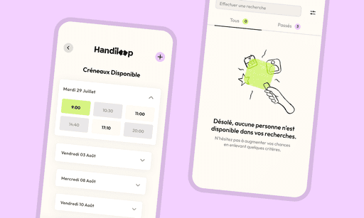 Interface mobile de l’application Handiloop, affichant des créneaux de réservation avec un design accessible.