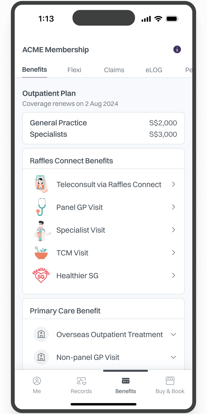 A mobile app screen showcasing an ACME membership with tabs for benefits, flexi, claims, and eLOG. The page details outpatient plans, including general practice and specialist coverage amounts, and lists various primary care benefits like teleconsultations, visits to GPs, and TCM.