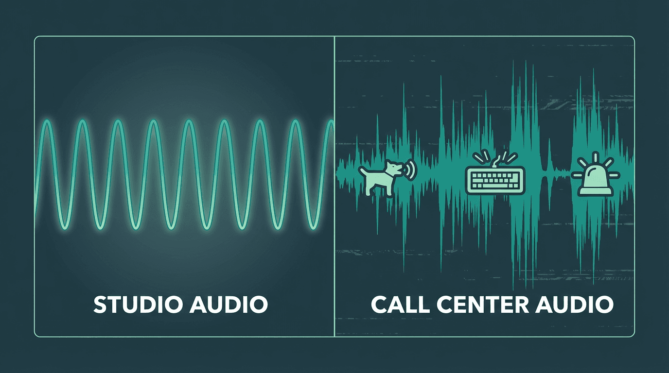 Difference between studio audio and real call center audio with noise and channel distortion affecting ASR accuracy