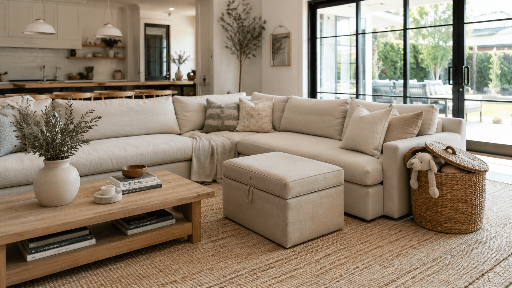 Modern living room with a large cream sectional sofa, minimalist decor, light wood floors, a round marble coffee table, and natural light streaming through sheer curtains. Cozy throw blanket in a woven basket, abstract wall art, and neutral color palette create a serene, contemporary home interior.