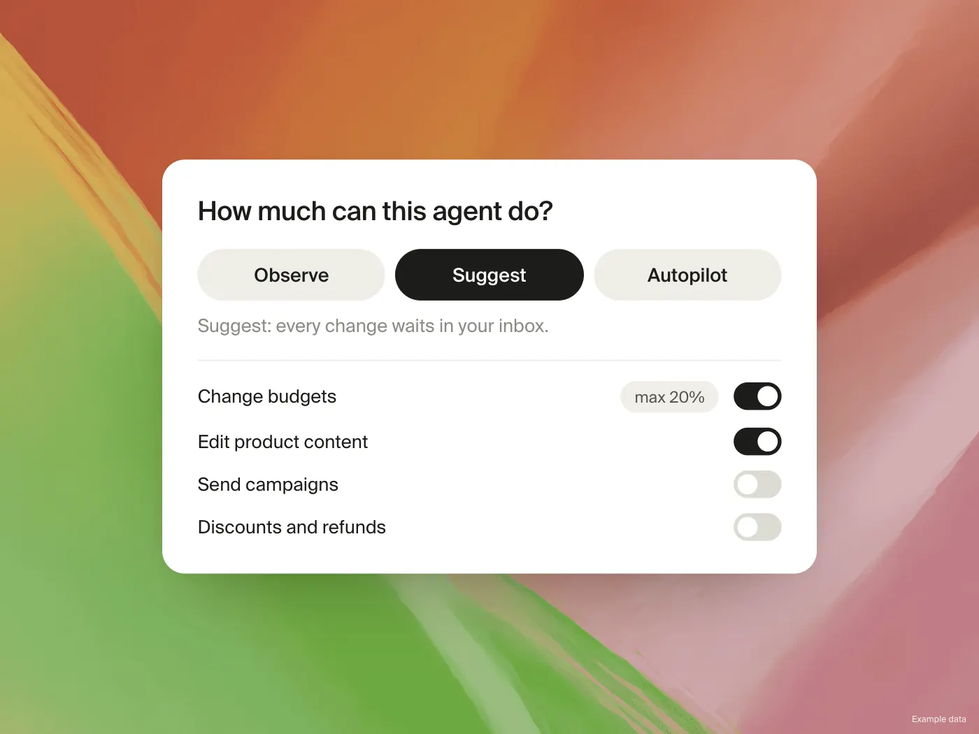 Autonomy and permission settings for a Commerce365 agent