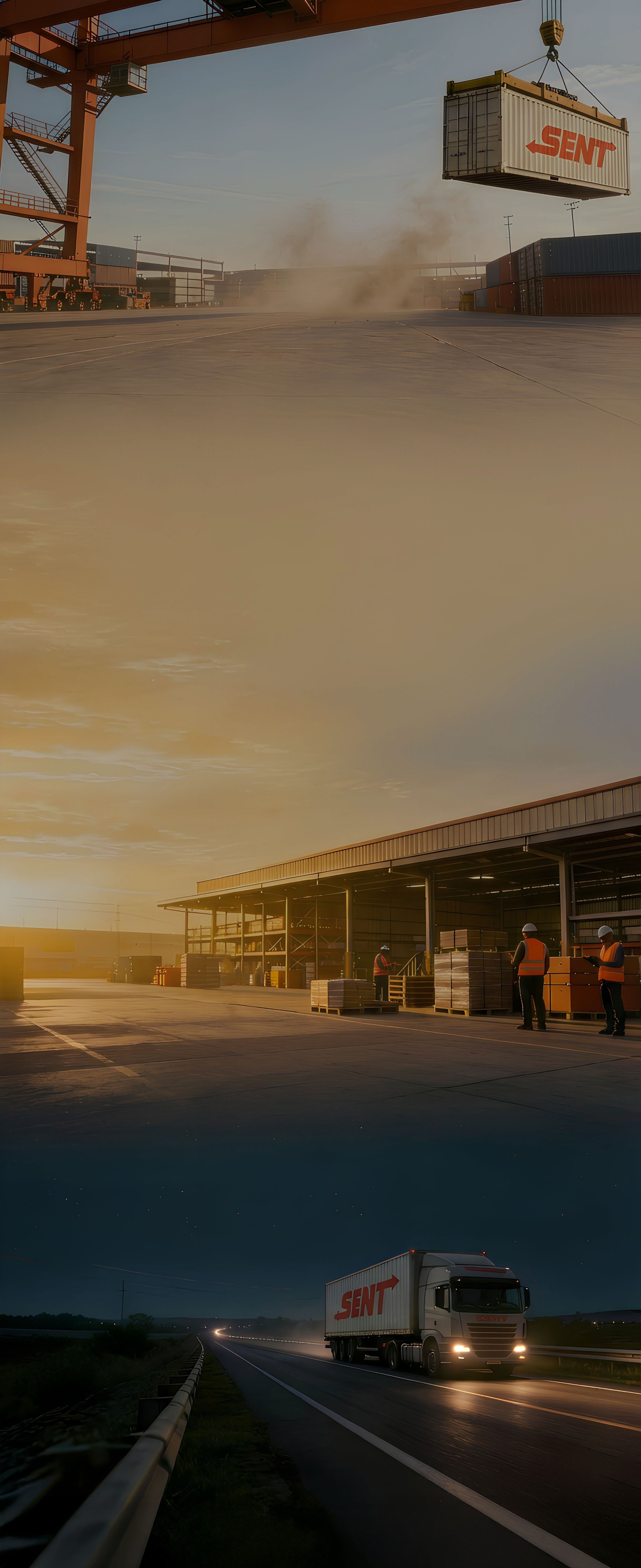sent truck moving on the desert highway with the background of riyadh skyline at night
