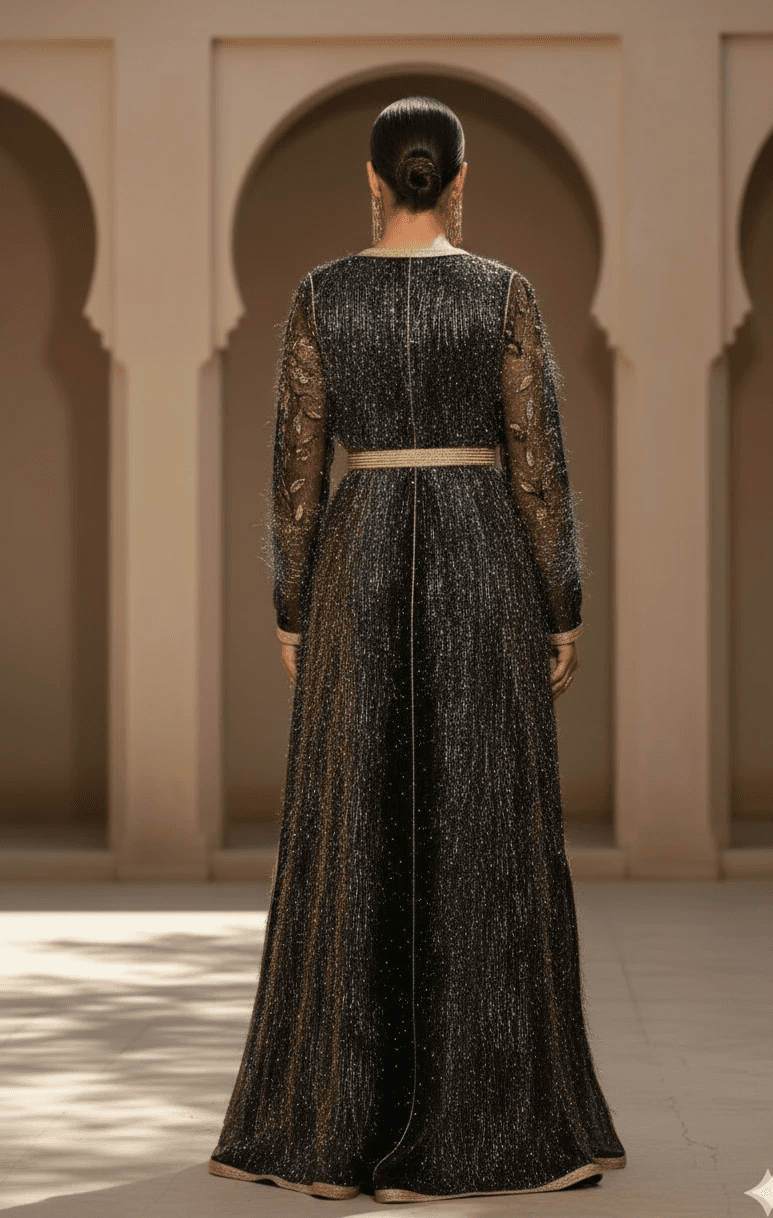 Black Moroccan caftan with gold embroidery, handcrafted couture piece made between Bahrain and Morocco