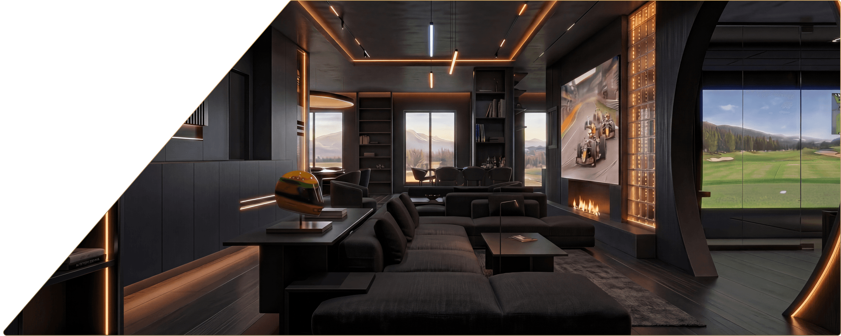 Moody sexy masculine members club vibe with dark colours and warm led lighting, golf sim, cigar lounge, bar and TV area shown for ultimate mancave experience