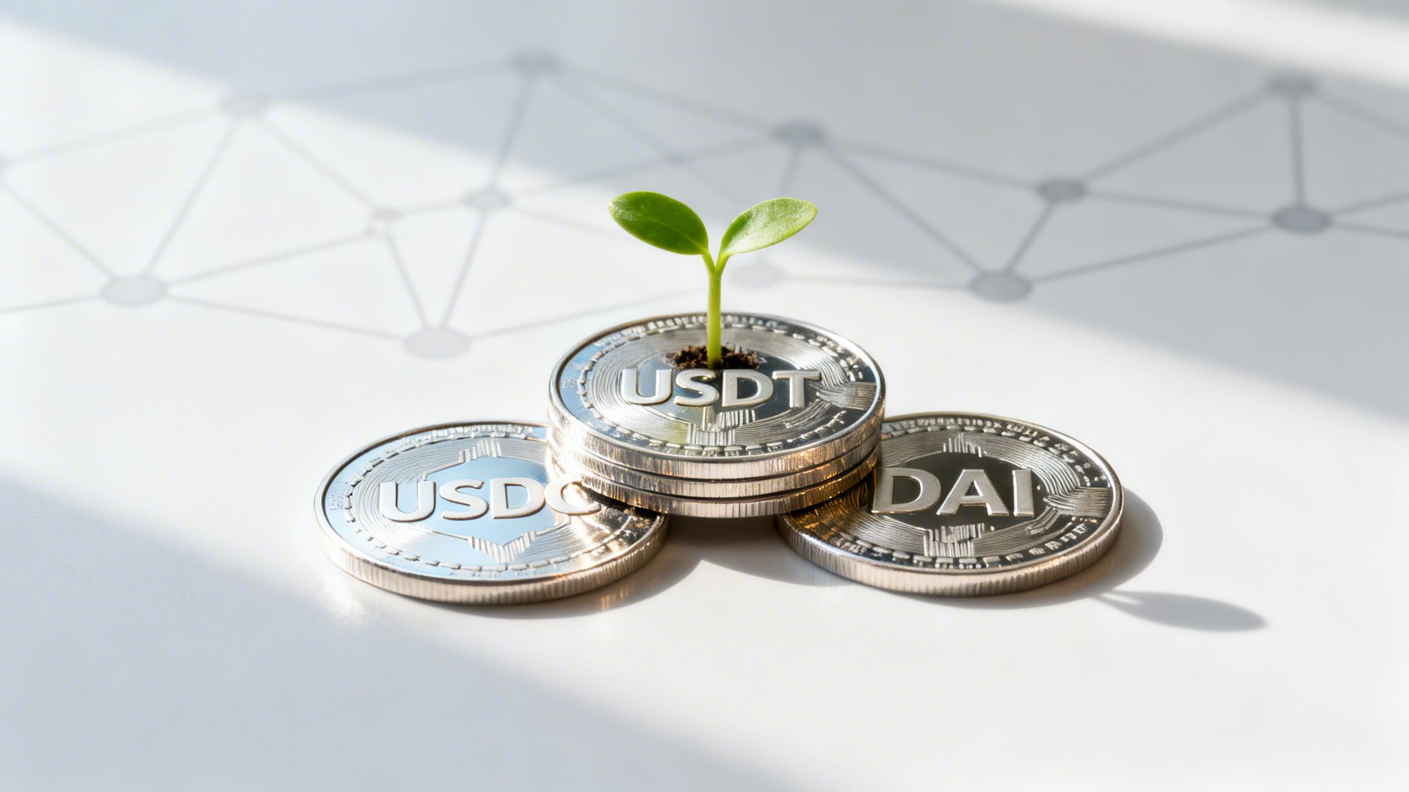 A small green sprout grows from a stack of USDT coins, flanked by USDC and DAI stablecoins, symbolizing crypto growth.